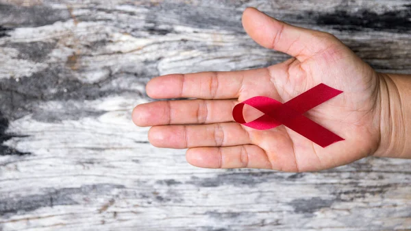 A beautiful red ribbon is on hand is the symbol of aid, support and campaign.A hand is holding a red ribbon. Ribbons have many differences colours such as blue, white, pink red orange white and purple