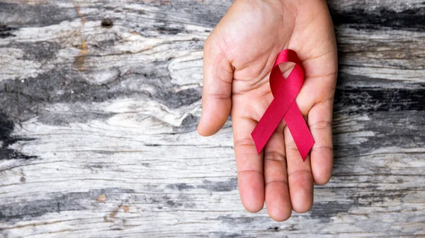 A beautiful red ribbon is on hand is the symbol of aid, support and campaign.A hand is holding a red ribbon. Ribbons have many differences colours such as blue, white, pink red orange white and purple