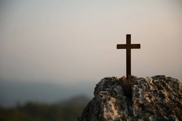 Crocifissione Gesù Cristo Croce Tramonto Silhouette Croce Sul Calvario Montagna — Foto Stock