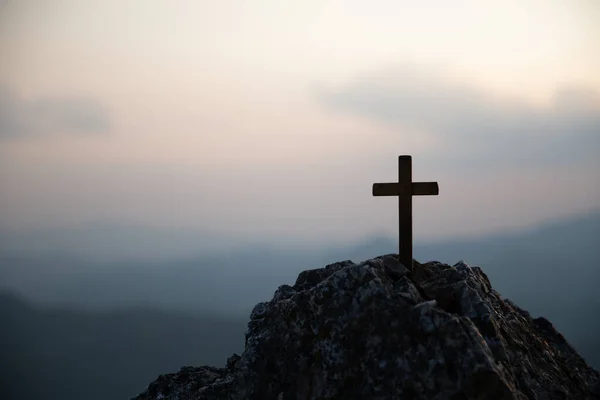 Crocifissione Gesù Cristo Croce Tramonto Silhouette Croce Sul Calvario Montagna — Foto Stock