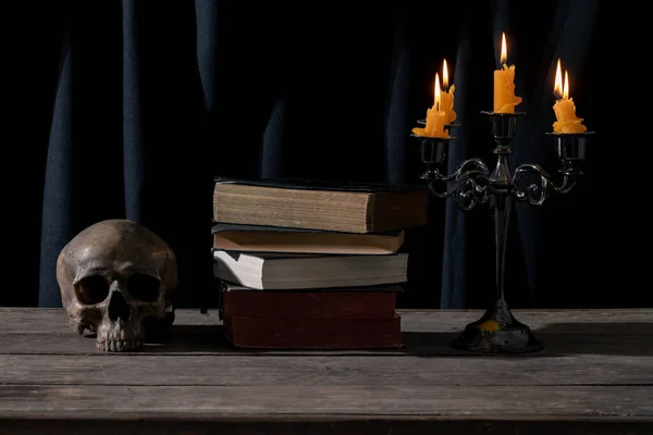 Mystical Candlelit Still Life Skull Vintage Books Halloween Gothic Themes — Stock Photo, Image