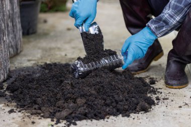 Kullanılmış plastik kaplarda siyah toprak hazırlayın. Doğal kaynakları ve sürdürülebilir çevreyi korumak için.