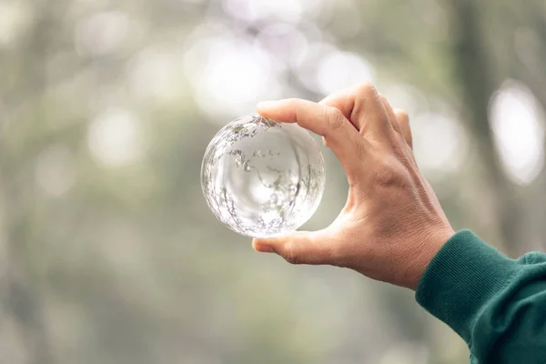 Human Hands Holding Earth Sphere Crystal Sustainable Globe Glass Sunlight — Foto Stock