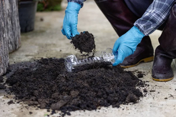 Kullanılmış plastik kaplarda siyah toprak hazırlayın. Doğal kaynakları ve sürdürülebilir çevreyi korumak için.