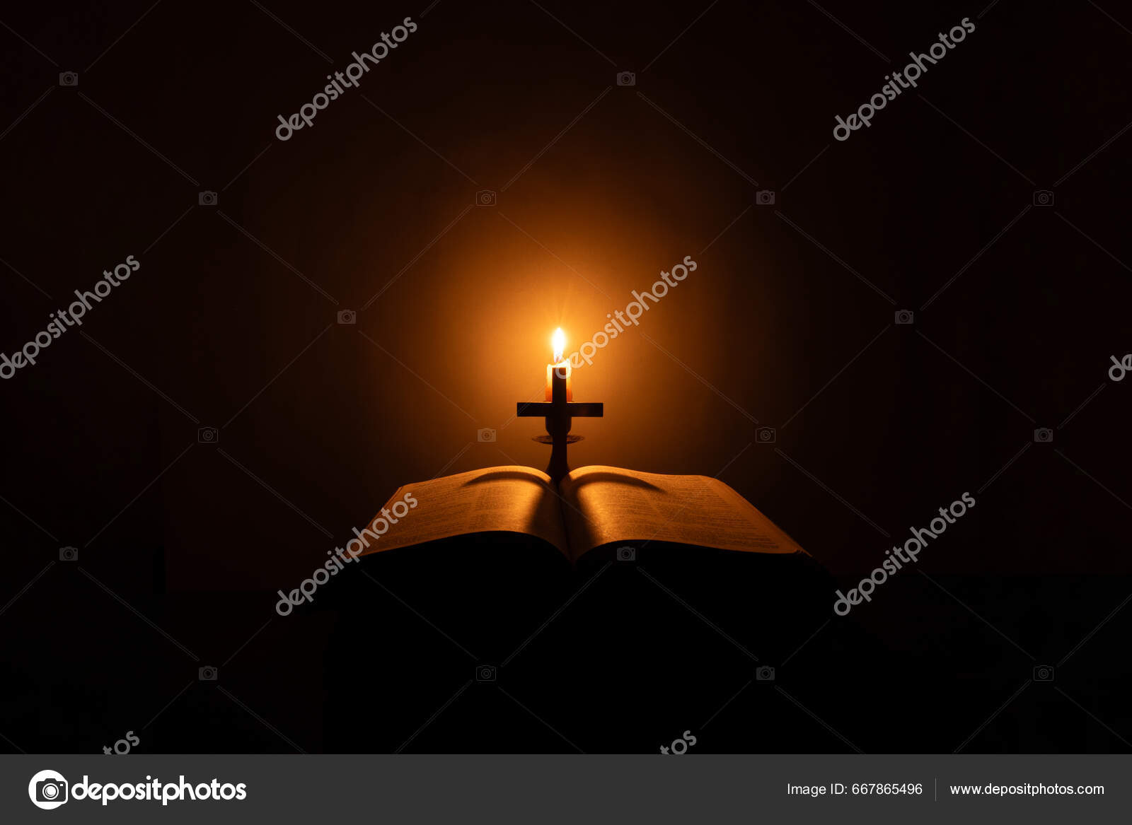 Light Candle Holy Bible Cross Crucifix Old Wooden Background Church