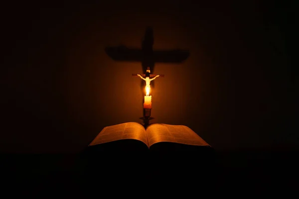 Light Candle Holy Bible Cross Crucifix Old Wooden Background Church — Stock Photo, Image