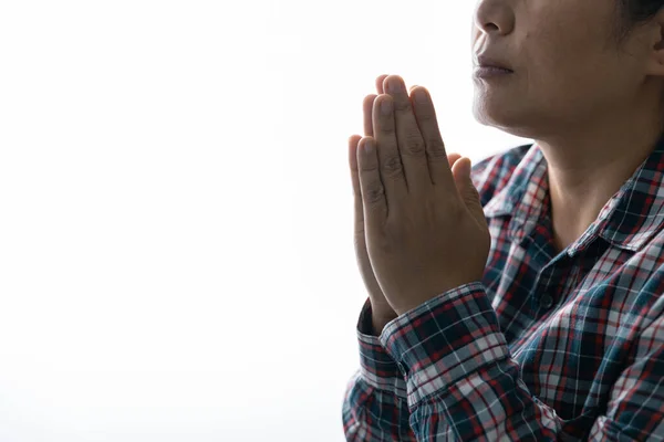 Закрыть Молитвенную Руку Молиться Церкви Пастор Молиться Богу Кризис Христианской — стоковое фото