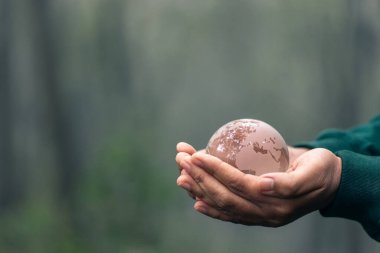 Çevre Dünyası Dünya Günü kavramı. Çevre Günü, yeşil arka planda yeşil toprağı tutan çevrenin korunması ve çevresel açıdan sürdürülebilir ellerde. Dünyayı Kaydet.