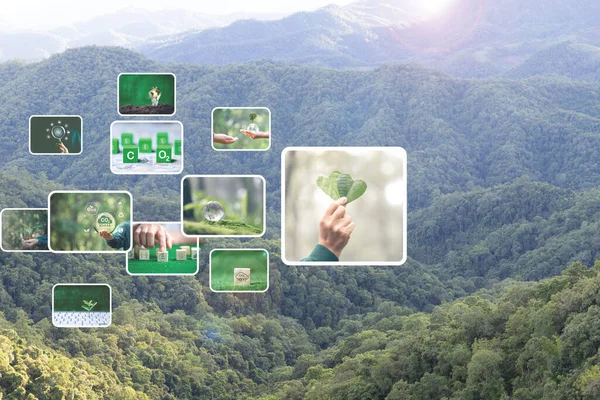 Environment World Earth Day.Technology earth global growing tree in human hand on green nature background.Saving environment, save clean planet, ecology concept. Ecology and Sustainable Development.