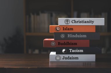 World religion symbols with english labeling on book cover. Signs of major religious groups and religions. Christianity, Islam, Hinduism, Buddhism, Taoism and Judaism. religion concept. clipart