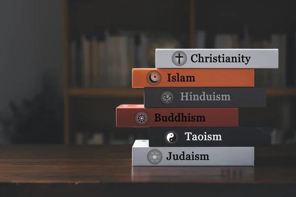 Símbolos Religión Mundial Con Etiquetado Inglés Portada Del Libro Signos —  Fotos de Stock