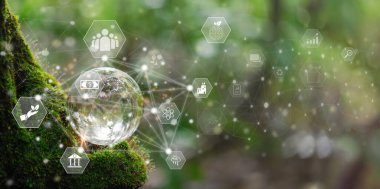 Çevre, sosyal ve yönetim için yeşil yosun üzerine Ağ bağlantısında sürdürülebilir ve etik iş dünyasında yeşil arka planda ESG simgesi konsepti. Çevresel simge, pankart ve kopyalama alanı