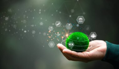 Çevre, sosyal ve yönetim için Ağ bağlantısında sürdürülebilir ve etik iş dünyasında yeşil bir arkaplanda ESG simgesi kavramı. Çevresel simge, pankart ve kopyalama alanı