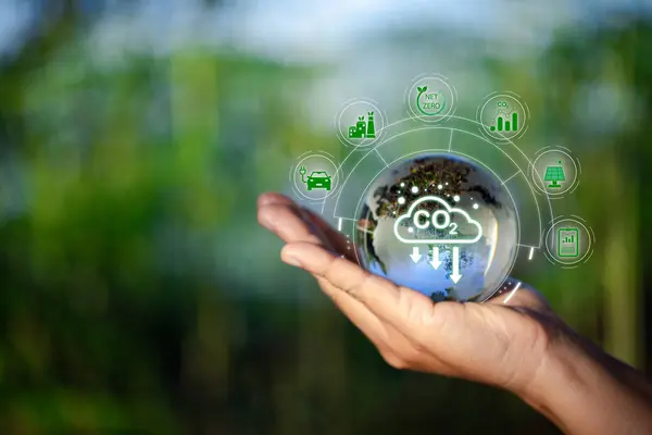 Hand holding CO2 reducing icon with virtual world for decrease carbon dioxide emission, carbon footprint and carbon credit to limit global warming from climate change concept. green environment.