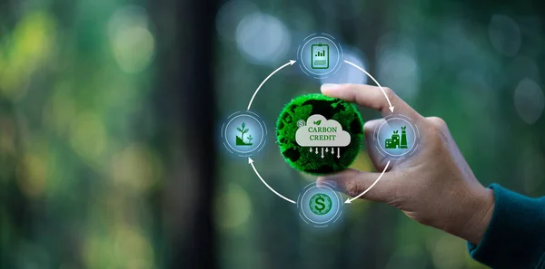 Hand holding CO2 reducing icon with virtual world for decrease carbon dioxide emission, carbon footprint and carbon credit to limit global warming from climate change concept. green environment.