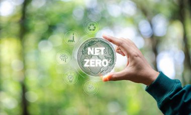 2050 yılına kadar küresel ısınmayı hedeflemek için sıfır sera gazı emisyonu elde etme hedefi. Karbon nötr ve net sıfır. Çevre Bir iklim, ikon sürdürülebilir toprak elde ve yeşil arkaplan.