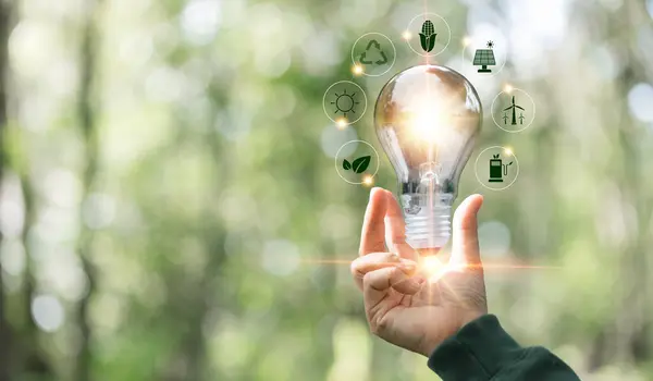 Hand holding light bulb against nature with eco environment icon, Save world, technology sustainable alternative environment concept. Energy of natural gas sustainable, business on green background.