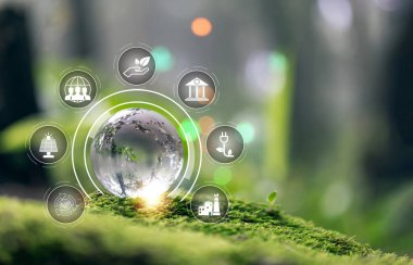 Çevre, sosyal ve yönetim için yeşil yosun üzerine Ağ bağlantısında sürdürülebilir ve etik iş dünyasında yeşil arka planda ESG simgesi konsepti. Çevresel simge, pankart ve kopyalama alanı