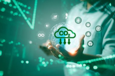 Karbon nötr ağ sıfır. Çevre kirliliği ve net sıfır sembollü etkili yönetim - yenilenebilir enerji, CO2 emisyonlarının azaltılması, küresel ısınmayı iklim değişikliğinden sınırlamak için karbon kredisi.