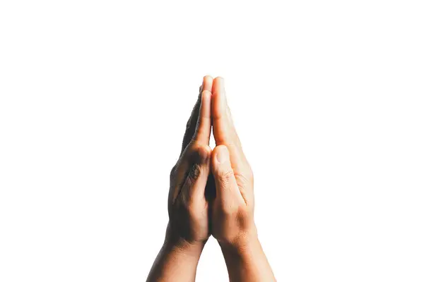 Female hands praying on a white isolated background, Asian woman stands in meditative pose, holds hands in praying gesture, has sense of inner peace, Isolated praying hands, Religion concept.