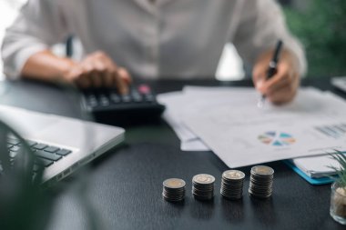 Ofis geçmişine insan eli para istifliyor. Yatırım yönetimi ve portföy çeşitlendirmesi kavramı. Madeni paralarla ilgili mali rapor üzerine iş diyagramı.