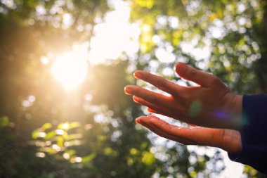 Ormanda, Hıristiyan dua etmek için ellerini kaldırır, doğanın ve dinin güzelliği arasında Tanrı 'ya ibadet eder. Dua, el, dua, ibadet, Tanrı, din, Hıristiyan, Hristiyanlık, doğa, orman, kadın, geçmiş.