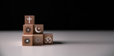 Dünya Din Günü, Hristiyanlığın, Yahudiliğin, İslam 'ın, Hinduizmin, Budizmin ve Taoizm' in sembolleri, aralarında Davut Yıldızı ve Tevrat 'ın da yer aldığı çeşitli inançların insanlığı birleştirmesini kutlar. din, sembol, Hıristiyanlık