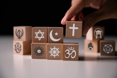 World Religion Day, symbols of Christianity, Judaism, Islam, Hinduism, Buddhism, and Taoism, including Star of David and Torah, celebrate diverse faiths unite humanity. religion, symbol, christianity clipart