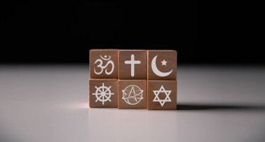 Dünya Din Günü, Hristiyanlığın, Yahudiliğin, İslam 'ın, Hinduizmin, Budizmin ve Taoizm' in sembolleri, aralarında Davut Yıldızı ve Tevrat 'ın da yer aldığı çeşitli inançların insanlığı birleştirmesini kutlar. din, sembol, Hıristiyanlık