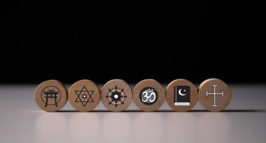 Dünya Din Günü, Hristiyanlığın, Yahudiliğin, İslam 'ın, Hinduizmin, Budizmin ve Taoizm' in sembolleri, aralarında Davut Yıldızı ve Tevrat 'ın da yer aldığı çeşitli inançların insanlığı birleştirmesini kutlar. din, sembol, Hıristiyanlık