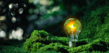 Yenilenebilir Enerji. Çevre koruma yenilenebilir, sürdürülebilir enerji kaynakları. Yeşil dünya haritası ampulü yeşil enerjiyi temsil ediyor yenilenebilir enerji önemli bir dünyadır. dünya sürdürülebilir ortamı