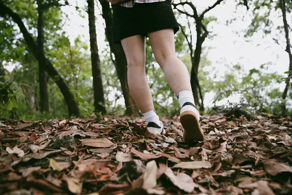Dağ çim patikasında yürüyüş. Kadın yürüyüşçü ayakkabısını kapat. Yürüyüşçülerin ve sırt çantalarının maceraperest yaşam tarzı seyahat ve dağ yürüyüşleri, her yürüyüşün ve heyecanlı yolculuğun her bölümünün tadını çıkar.
