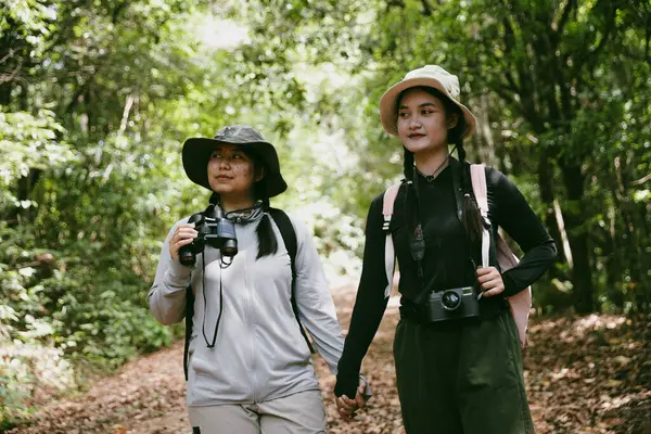 Sırt çantalı iki bayan arkadaş birlikte kırda yürüyüş yapıyorlar. Asyalı arkadaş kız sırt çantalı arkadaş ormanda birlikte seyahat eder. Yürüyüş yaparken mutlu ve güneşli bir gün..