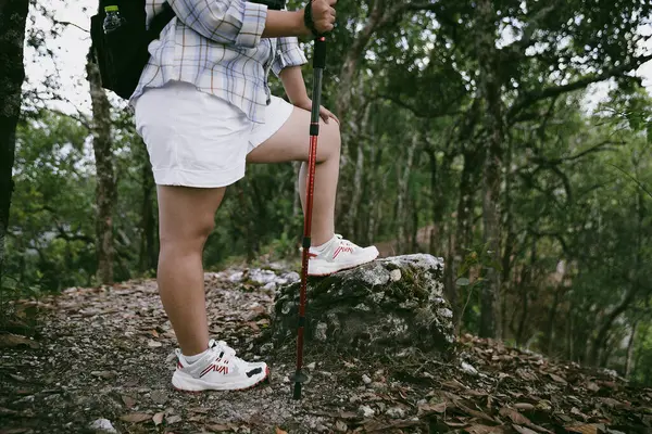 Dağ çim patikasında yürüyüş. Kadın yürüyüşçü ayakkabısını kapat. Yürüyüşçülerin ve sırt çantalarının maceraperest yaşam tarzı seyahat ve dağ yürüyüşleri, her yürüyüşün ve heyecanlı yolculuğun her bölümünün tadını çıkar.