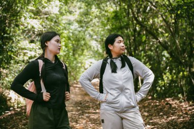 Sırt çantalı iki bayan arkadaş birlikte kırda yürüyüş yapıyorlar. Asyalı arkadaş kız sırt çantalı arkadaş ormanda birlikte seyahat eder. Yürüyüş yaparken mutlu ve güneşli bir gün..