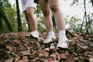 Dağ çim patikasında yürüyüş. Kadın yürüyüşçü ayakkabısını kapat. Yürüyüşçülerin ve sırt çantalarının maceraperest yaşam tarzı seyahat ve dağ yürüyüşleri, her yürüyüşün ve heyecanlı yolculuğun her bölümünün tadını çıkar.
