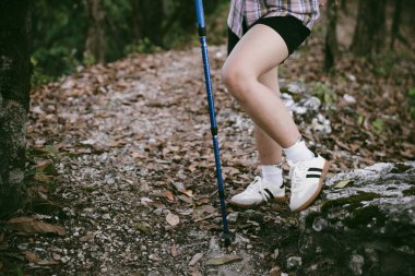 Dağ çim patikasında yürüyüş. Kadın yürüyüşçü ayakkabısını kapat. Yürüyüşçülerin ve sırt çantalarının maceraperest yaşam tarzı seyahat ve dağ yürüyüşleri, her yürüyüşün ve heyecanlı yolculuğun her bölümünün tadını çıkar.