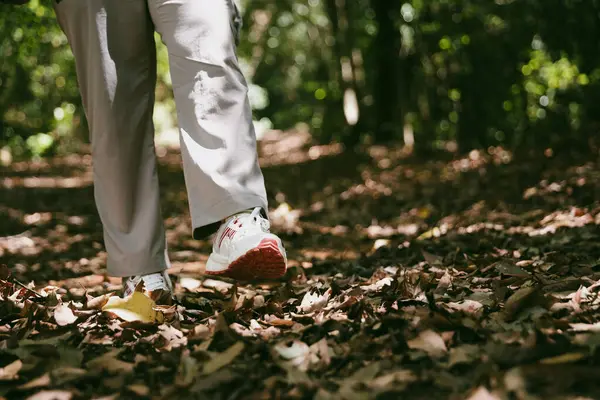 Dağ çim patikasında yürüyüş. Kadın yürüyüşçü ayakkabısını kapat. Yürüyüşçülerin ve sırt çantalarının maceraperest yaşam tarzı seyahat ve dağ yürüyüşleri, her yürüyüşün ve heyecanlı yolculuğun her bölümünün tadını çıkar.