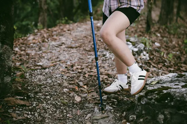 Dağ çim patikasında yürüyüş. Kadın yürüyüşçü ayakkabısını kapat. Yürüyüşçülerin ve sırt çantalarının maceraperest yaşam tarzı seyahat ve dağ yürüyüşleri, her yürüyüşün ve heyecanlı yolculuğun her bölümünün tadını çıkar.