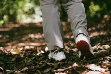 Dağ çim patikasında yürüyüş. Kadın yürüyüşçü ayakkabısını kapat. Yürüyüşçülerin ve sırt çantalarının maceraperest yaşam tarzı seyahat ve dağ yürüyüşleri, her yürüyüşün ve heyecanlı yolculuğun her bölümünün tadını çıkar.