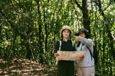 Sırt çantalı iki bayan arkadaş birlikte kırda yürüyüş yapıyorlar. Asyalı arkadaş kız sırt çantalı arkadaş ormanda birlikte seyahat eder. Yürüyüş yaparken mutlu ve güneşli bir gün..