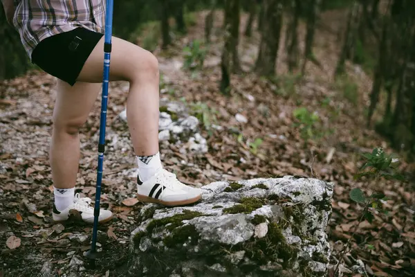 Dağ çim patikasında yürüyüş. Kadın yürüyüşçü ayakkabısını kapat. Yürüyüşçülerin ve sırt çantalarının maceraperest yaşam tarzı seyahat ve dağ yürüyüşleri, her yürüyüşün ve heyecanlı yolculuğun her bölümünün tadını çıkar.