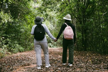 Sırt çantalı iki bayan arkadaş birlikte kırda yürüyüş yapıyorlar. Asyalı arkadaş kız sırt çantalı arkadaş ormanda birlikte seyahat eder. Yürüyüş yaparken mutlu ve güneşli bir gün..