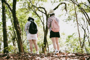Sırt çantalı iki bayan arkadaş birlikte kırda yürüyüş yapıyorlar. Asyalı arkadaş kız sırt çantalı arkadaş ormanda birlikte seyahat eder. Yürüyüş yaparken mutlu ve güneşli bir gün..