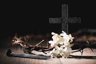 İsa 'nın çarmıha gerilmesi, çivili eller, dikenli taç, haç, Hıristiyanlığın sembolü kutsal kurban, tutku, Paskalya kutlaması için inanç, dini gelenek..