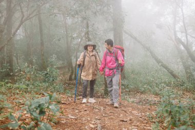 Sırt çantaları ve yürüyüş direkleriyle orman yolunda birlikte yürüyen iki yürüyüşçü, macera sembolü, takım çalışması, açık hava yaşam tarzı, keşif, yolculuk ve seyahat ilhamı..