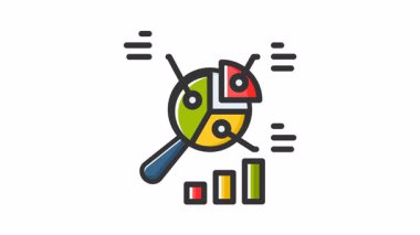 Finansal veri grafikleri üzerinde büyüteç olan animasyon analizleri pasta grafikleri ve çubuk grafikleri. Finansal analiz makaleleri ve iş sunumları için ideal