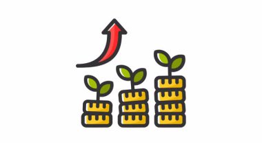 Grafik, bozuk para yığını ve içinde büyüyen bir para fabrikası olan animasyon büyümesi. Başarı, finans, iş ve sürdürülebilirlik konsepti tasarımları için uygun. Doğa, veri görselleştirmesiyle bir arada