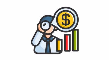 İnsan ve büyüteçle yapılan animasyon tahminleri dolar işaretini inceler. Finansal kavramlar, para yönetimi, tasarruf, yatırım analizi ve iş stratejisi için uygundur