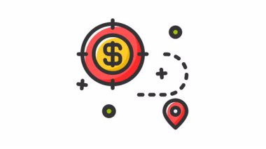 Haritada ve noktalarda dolar işareti olan animasyon planlama. Finansal hizmetler, yatırım, hedef, odaklanma, hedef, strateji, başarı, seyahat veya işle ilgili tasarımlar için uygundur